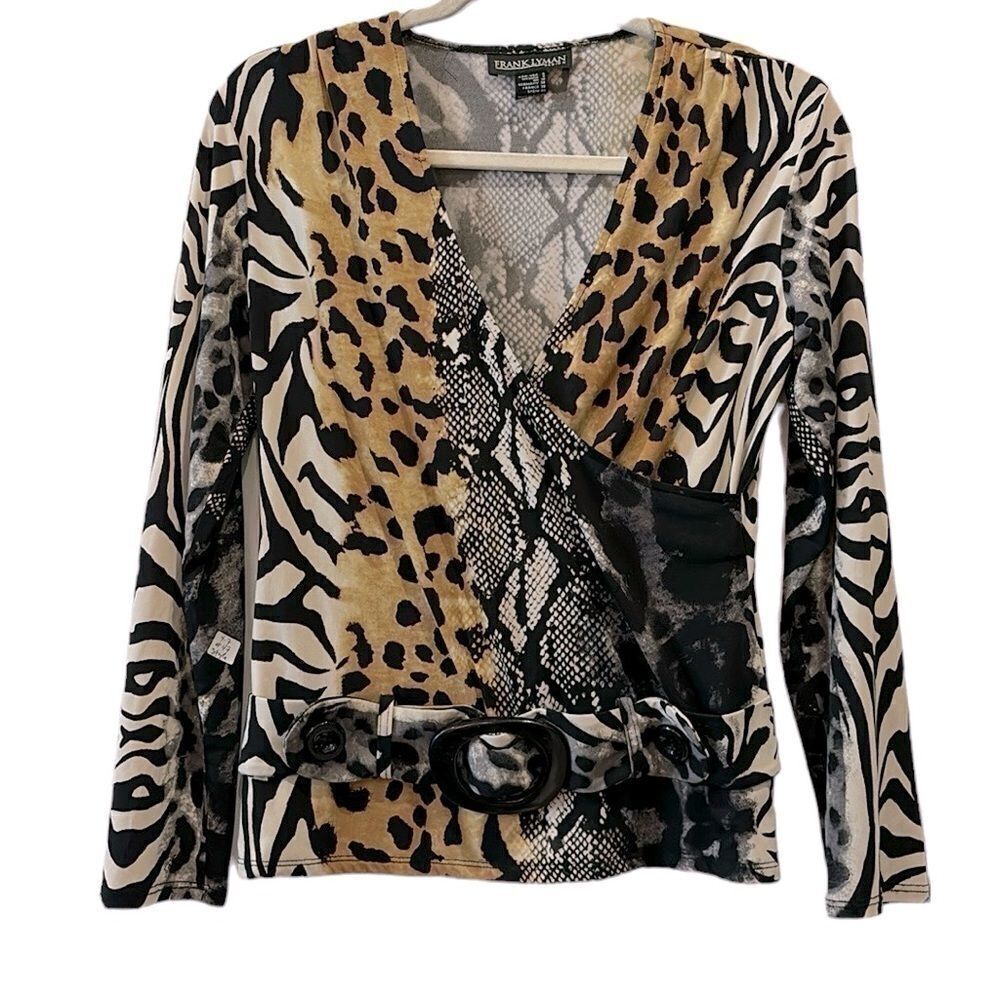Frank Lyman Animal Print Classy Faux Wrap Stretch Country Western Blouse Size 8‍